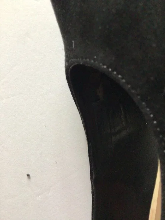 B. Brian Atwood Black Suede Point Toe Pumps. Gold Caged Block heels. Size 6 - Picture 7 of 7